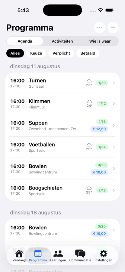 Het programma-scherm met alle activiteiten per dag