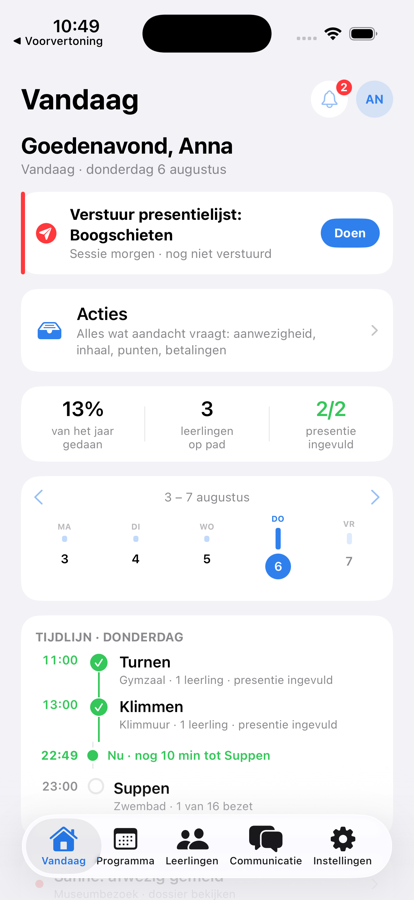 Het Vandaag-scherm van BaseliQ met de tijdlijn van de dag