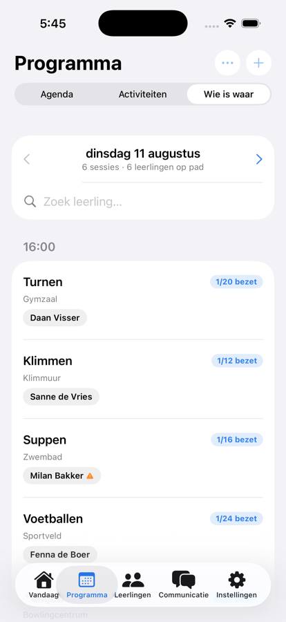 Het Wie is waar-scherm met per activiteit wie er aanwezig is